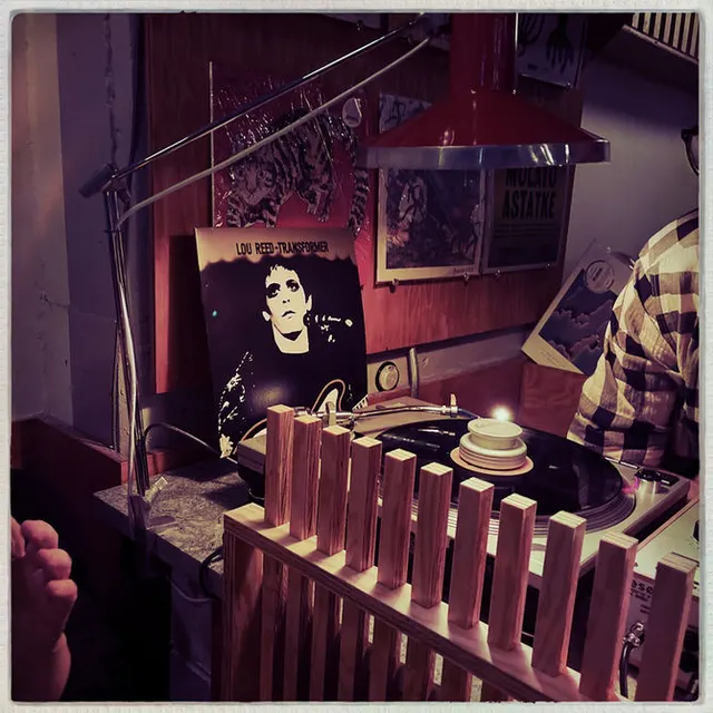 The vinyl turntable and record collection at Bar Gobo.