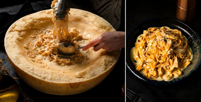 Pasta prepared in a cheese wheel and served in a bowl at Italian Kitchen.