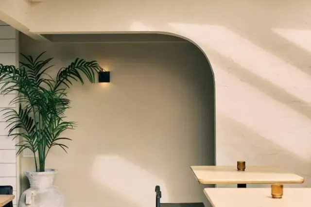 Restaurant seating with a table, curved wall detail and a leafy plant.