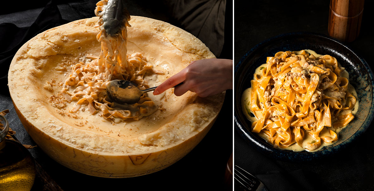 Pasta prepared in a cheese wheel and served in a bowl at Italian Kitchen.