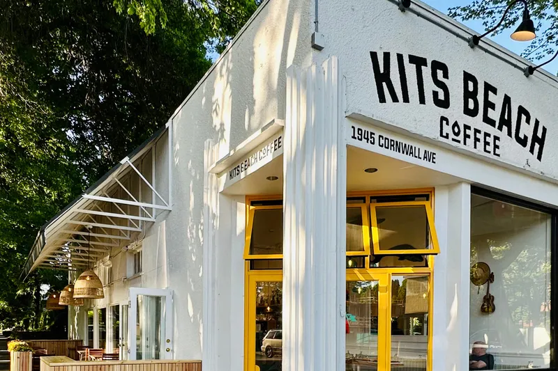 The corner storefront and entrance at Kits Beach Coffee.
