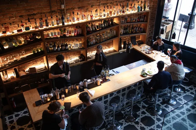The bar and seating area viewed from above at L’Abattoir.