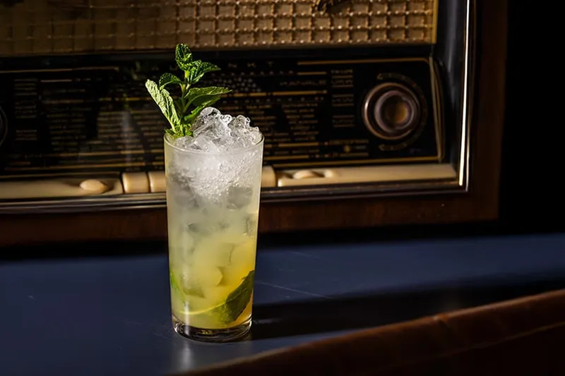 A tall iced drink garnished with a sprig of herbs.