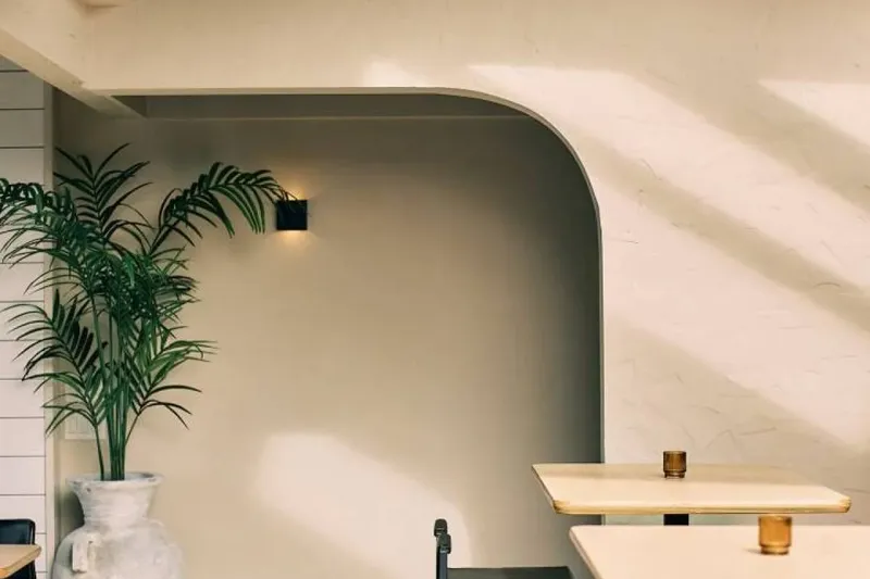 Restaurant seating with a table, curved wall detail and a leafy plant.