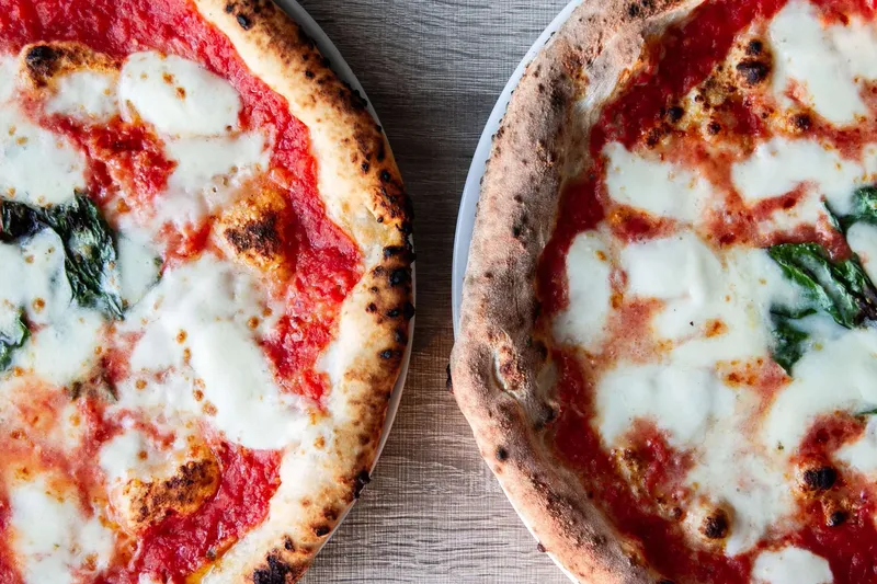 Close-up of two pizzas topped with tomato, cheese and basil.